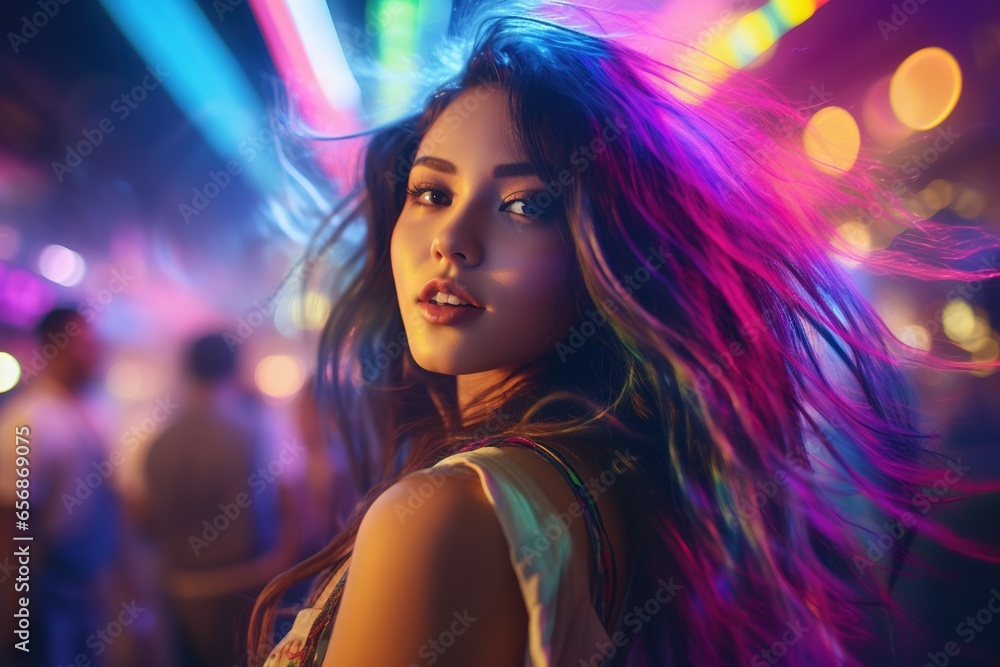 Portrait of a beautiful young asian woman with long hair in night club