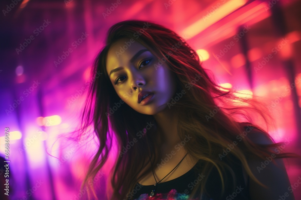 Portrait of a beautiful young asian woman with long hair in night club Portrait of a beautiful young asian woman with long hair in night club