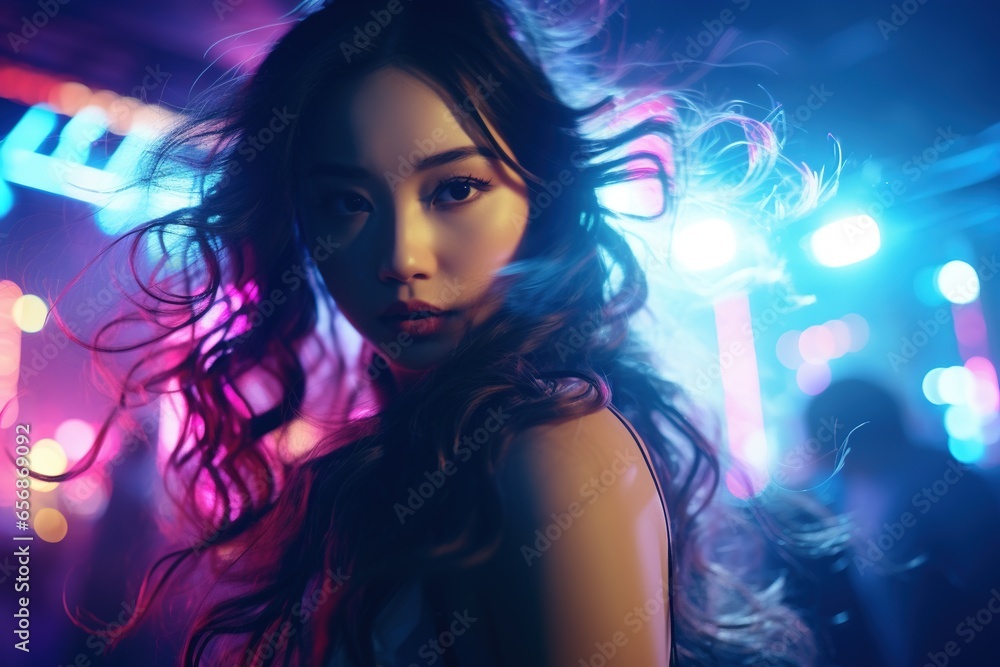 Naklejka premium Portrait of a beautiful young asian woman with long hair in night club