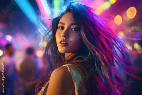 Portrait of a beautiful young asian woman with long hair in night club © Rudsaphon