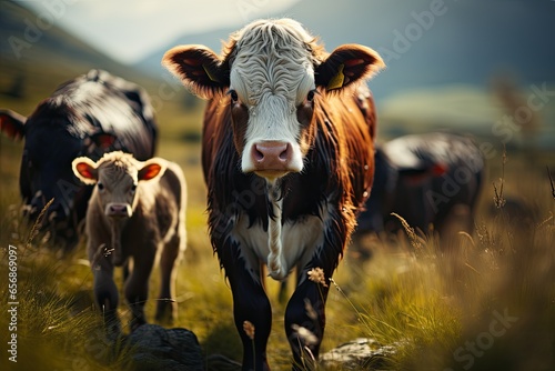 A cowherd raises cows happily farm wide pasture. products from cows for sale meat , milk, cheese, butter