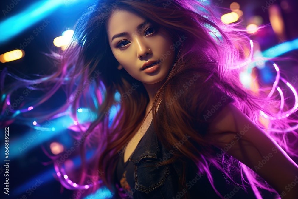 Portrait of a beautiful young asian woman with long hair in night club Portrait of a beautiful young asian woman with long hair in night club