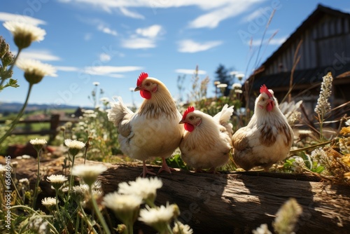 chickens exploring the farm, roaming freely in a grassy field,Generated with AI © Chanwit