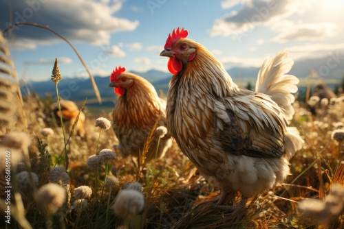 chickens exploring the farm, roaming freely in a grassy field,Generated with AI