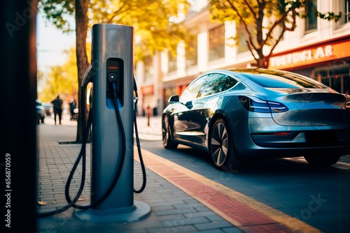 Electric car charger and electric car in the city photo
