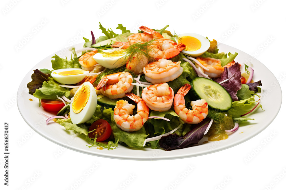 Rich plates of salad from green leaves mix and vegetables with avocado or eggs, chicken and shrimps Isolated on a white Background Rich plates of salad from green leaves mix and vegetables with avocado or eggs, chicken and shrimps Isolated on a white Background