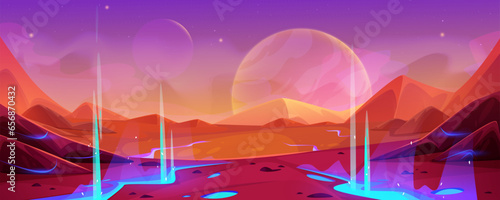 Alien space planet landscape background. Brook crack on mars desert vector game illustration. Martian ground surface terrain and blue stream. Fantasy outer orange universe scene dust environment