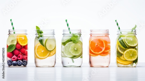 Mason jars filled with fruit and berry-infused water on a white background.