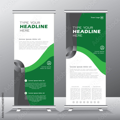 Green wave roll up banner template, vertical banner design with green color waves, standee, x banner,