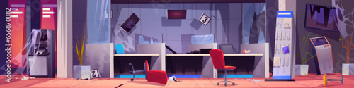 Abandoned and broken closed bank customer service office with damaged furniture and equipment. Cartoon vector financial company crushed cabinet interior with garbage and cobweb, destroyed appliances.