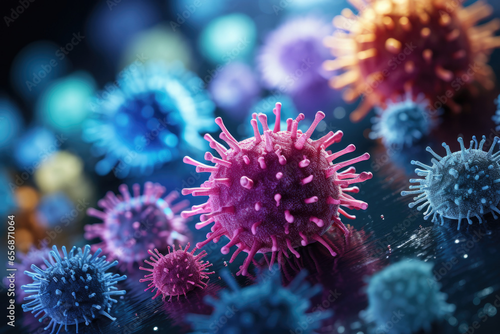 Detailed close-up view of variety of colorful viruses. This image can be used to illustrate concepts related to microbiology, virology, infectious diseases, health, and scientific research. Detailed close-up view of variety of colorful viruses. This image can be used to illustrate concepts related to microbiology, virology, infectious diseases, health, and scientific research.
