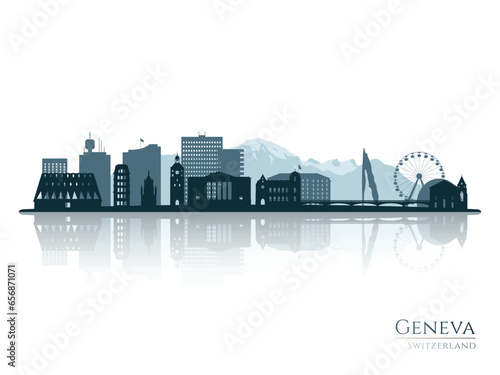 Geneva skyline silhouette with reflection. Landscape Geneva, Switzerland. Vector illustration.