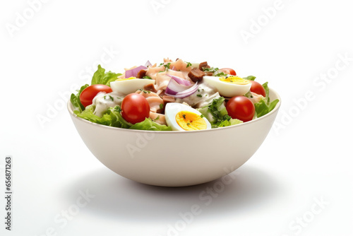 Delicious bowl of salad featuring hard boiled eggs and ripe tomatoes. This versatile image can be used for various food-related projects and healthy eating concepts.
