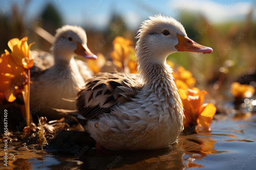 Farmer feeding the ducks by the pond.Duck coop with ducks resting inside at farm,Generated with AI Farmer feeding the ducks by the pond.Duck coop with ducks resting inside at farm,Generated with AI