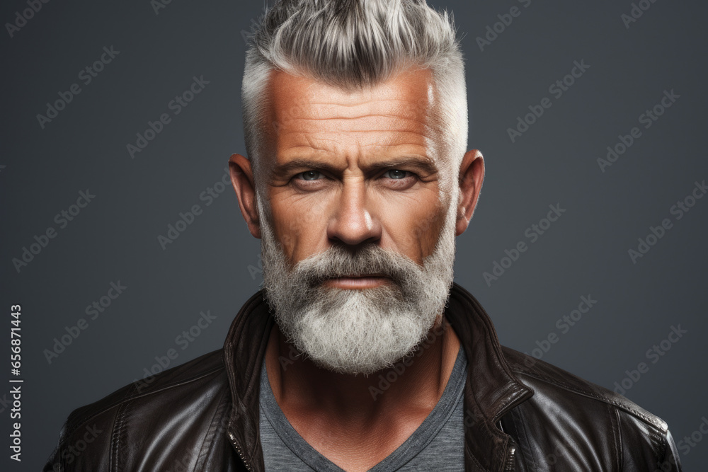 Man with beard wearing leather jacket. Masculinity, fashion, style, or individuality. Ideal for websites, blogs, magazines, or any project in need of trendy and rugged aesthetic. Man with beard wearing leather jacket. Masculinity, fashion, style, or individuality. Ideal for websites, blogs, magazines, or any project in need of trendy and rugged aesthetic.