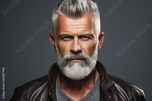 Man with beard wearing leather jacket. Masculinity, fashion, style, or individuality. Ideal for websites, blogs, magazines, or any project in need of trendy and rugged aesthetic.