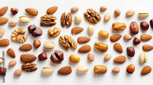 Various Nuts on white background, top view, copy space. Nuts assortment frame pecans, hazelnuts, walnuts, pistachios, almonds, pine nuts, peanuts, pumpkin seeds.