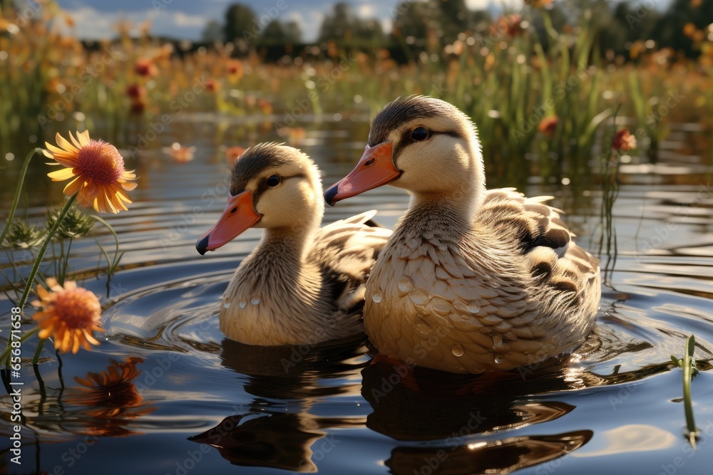 Obraz premium Farmer feeding the ducks by the pond.Duck coop with ducks resting inside at farm,Generated with AI