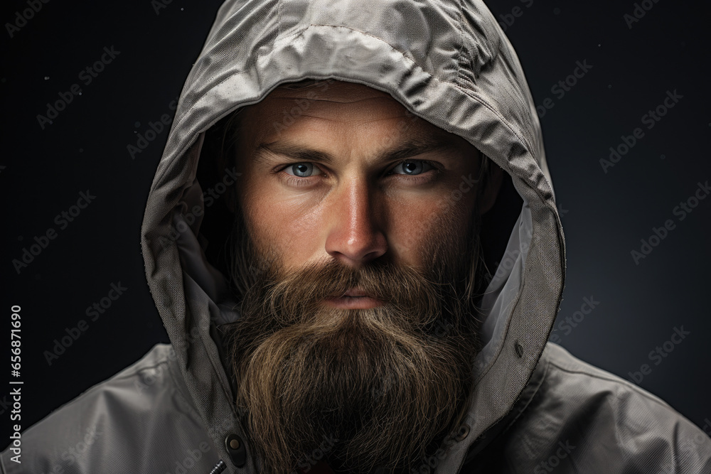 Picture of man with beard wearing hooded jacket. This versatile image can be used in various contexts. Picture of man with beard wearing hooded jacket. This versatile image can be used in various contexts.