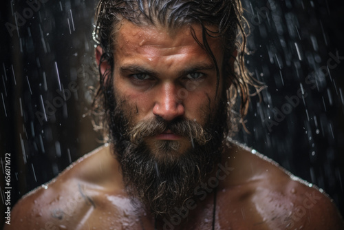 Picture of man with long hair and beard standing in rain. This image can be used to depict solitude  contemplation  or somber mood. It can also be used in weather-related or outdoor-themed projects.