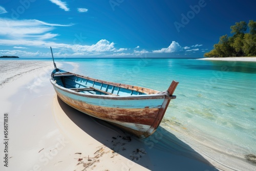 Canoe on the tropical sandy beach. Beautiful summer landscape of tropical island with boat in ocean. Transition of sandy beach into turquoise water. © Tjeerd