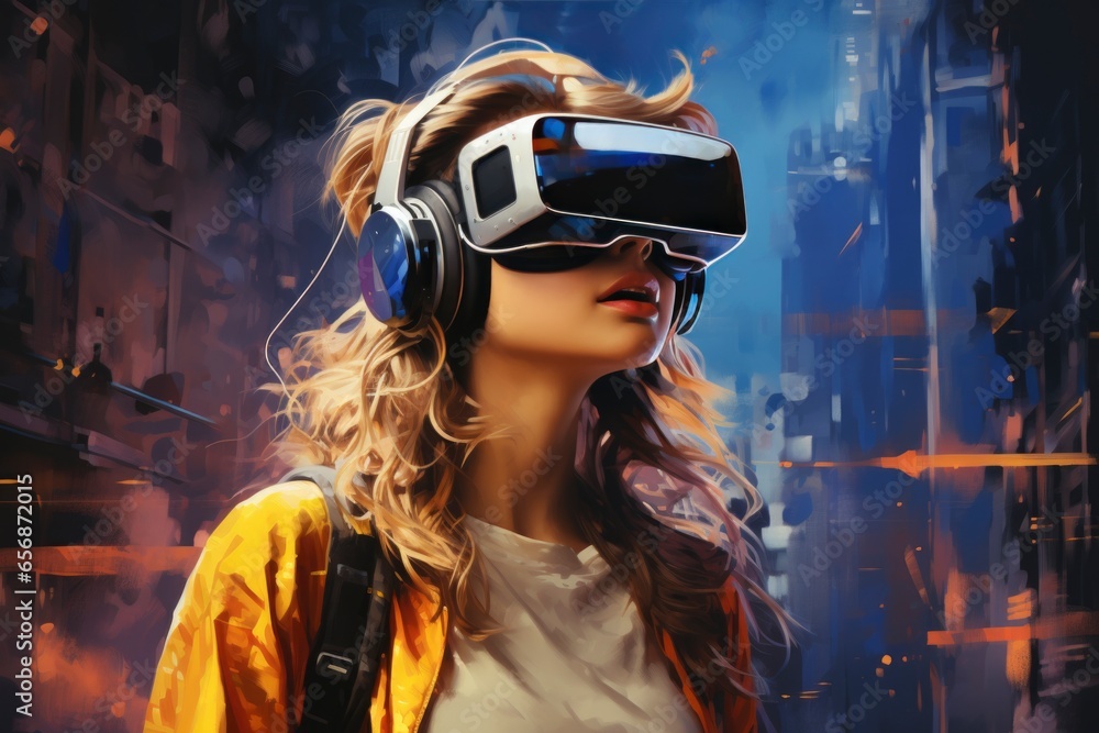 The young woman is using virtual reality viewer. Modern woman portrait with trendy look and bright purple colors.
