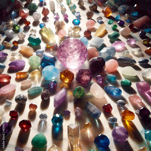 Colorful crystals and gems on the table, beautiful photo digital picture