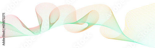Creative green orange and blue gradient wave line blend element for design. Colorful shiny wave with lines created using blend tool. Curved wavy line, smooth stripe Vector. Digital frequency track equ