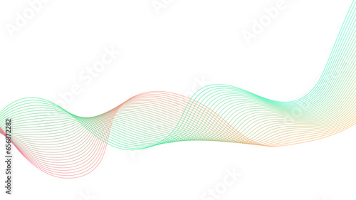 Creative green orange and blue gradient wave line blend element for design. Colorful shiny wave with lines created using blend tool. Curved wavy line, smooth stripe Vector. Digital frequency track equ