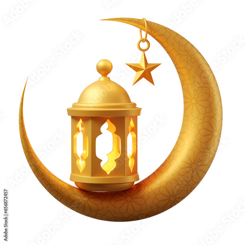 Golden Ramadan lantern hanging on gold moon