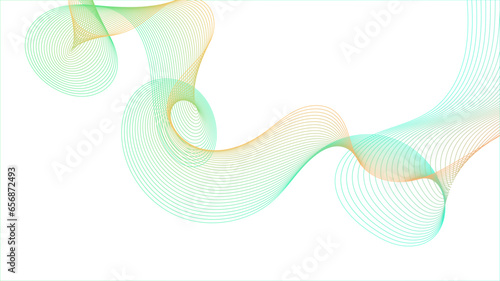 Creative green orange and blue gradient wave line blend element for design. Colorful shiny wave with lines created using blend tool. Curved wavy line, smooth stripe Vector. Digital frequency track equ