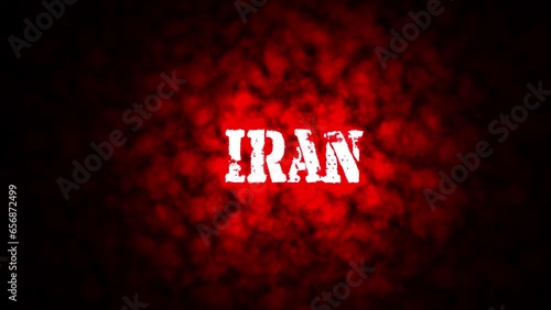 Red burning background with text Iran. Iran flag waving in the wind. National flag of Iran . flag seamless loop animation.