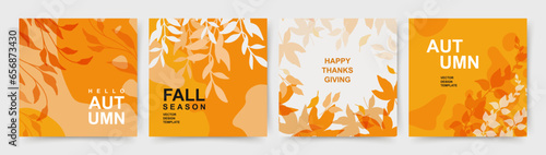 Autumn orange yellow square backgrounds. Minimalistic style with floral elements and texture. Editable vector template for card, banner, invitation, social media post, poster, mobile app, web ads