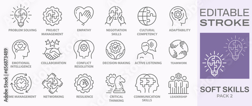 Soft skills icons, such as leadership, teamwork, problem solving, time management and more. Editable stroke.