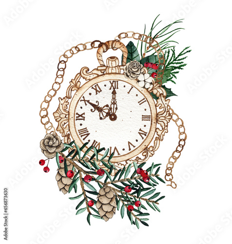 Watercolor Christmas vintage clock decorated with pine cones, fir branches isolated on white background. Winter holiday xmas celebration illustration
