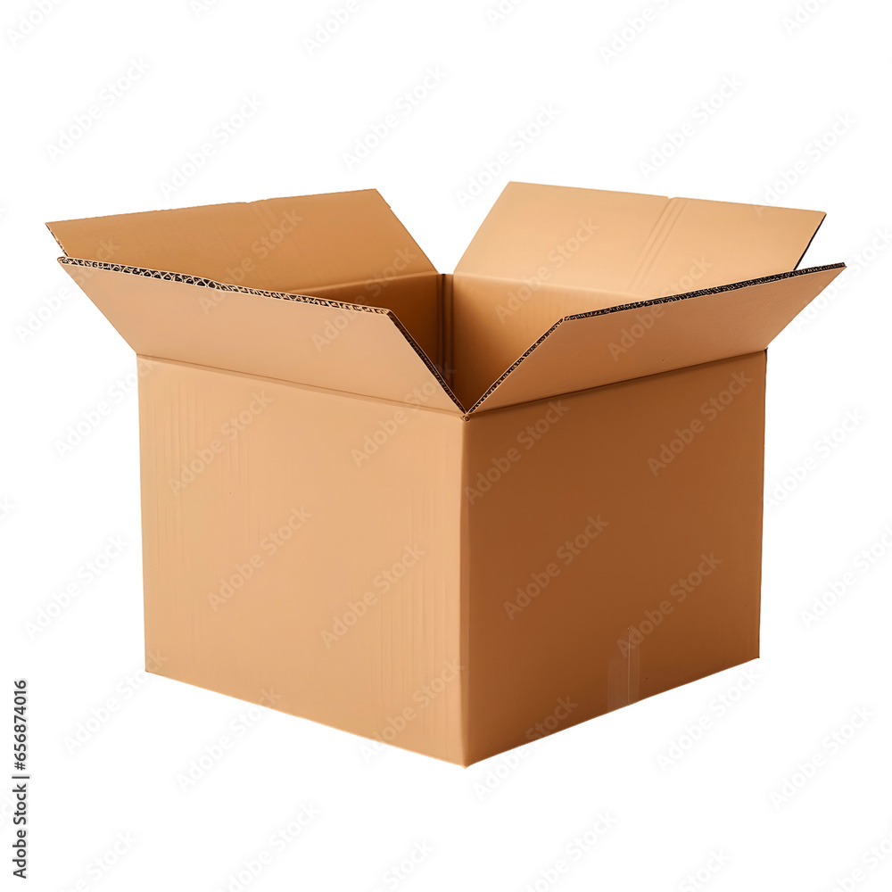 Opened cardboard box isolated on white, recycle brown carton delivery packaging box