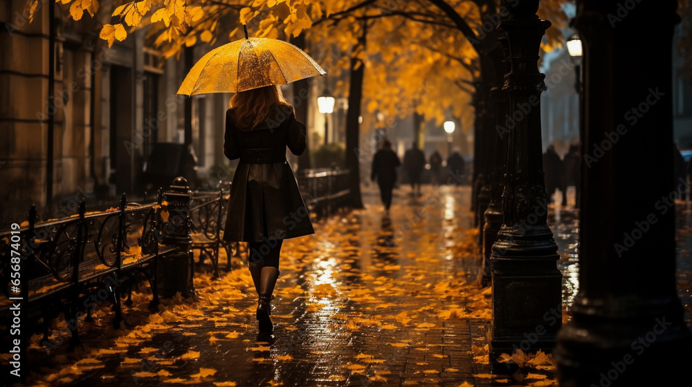 A lonely girl walks in the evening along an autumn street illuminated by lanterns.