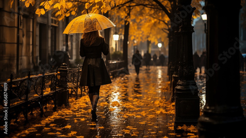 A lonely girl walks in the evening along an autumn street illuminated by lanterns. © ArturSniezhyn