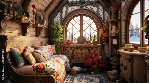 Interior of a cozy room in the style of Russian huts © ALA
