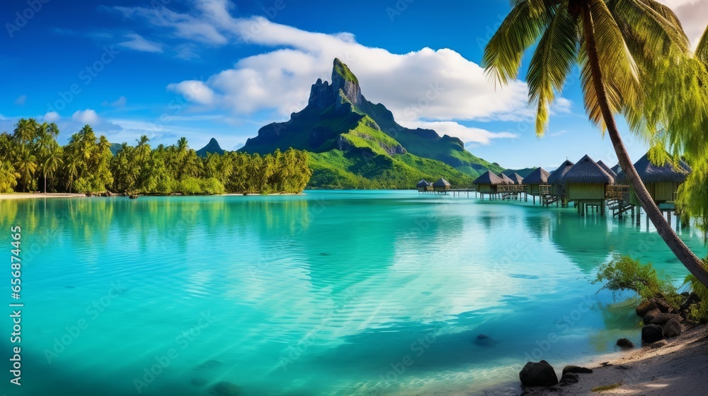 Quiet and calm lagoon on the island with crystal clear, azure water bungalows over the water and palm trees.