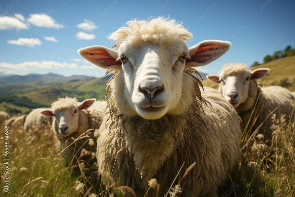 Farmers raise sheep with great joy, in farms, shear sheep to sell in market, farm scene with happy sheep
