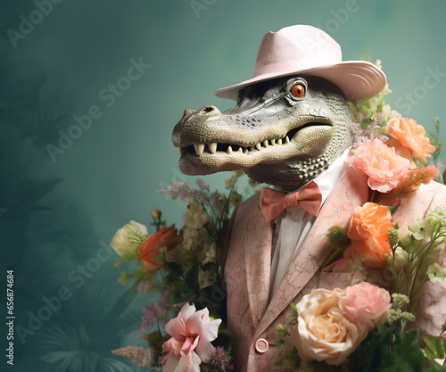 Fototapeta Naklejka Na Ścianę i Meble -  Creative animal concept. Crocodile alligator in smart suit, surrounded in a surreal garden full of blossom flowers floral landscape. advertisement commercial editorial banner card