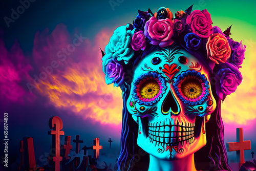 Catrina's head wrapped in neon lights in a neon environment.