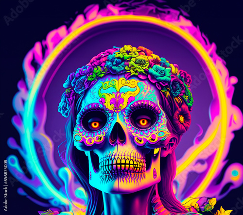 Catrina's head wrapped in neon lights in a neon environment.