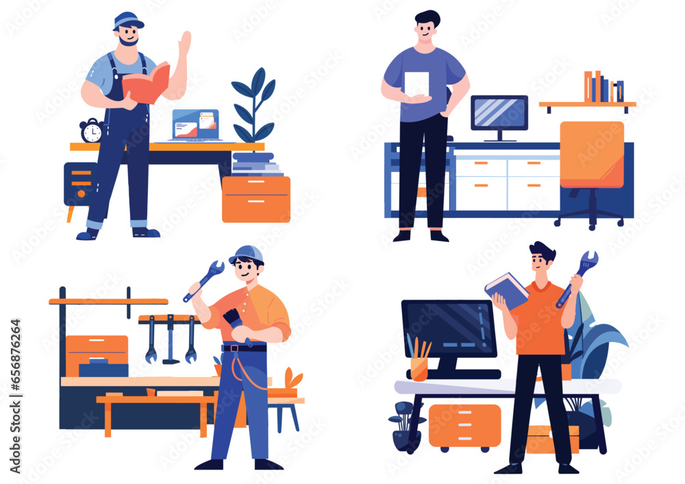 Hand Drawn Engineer or architect in office in flat style