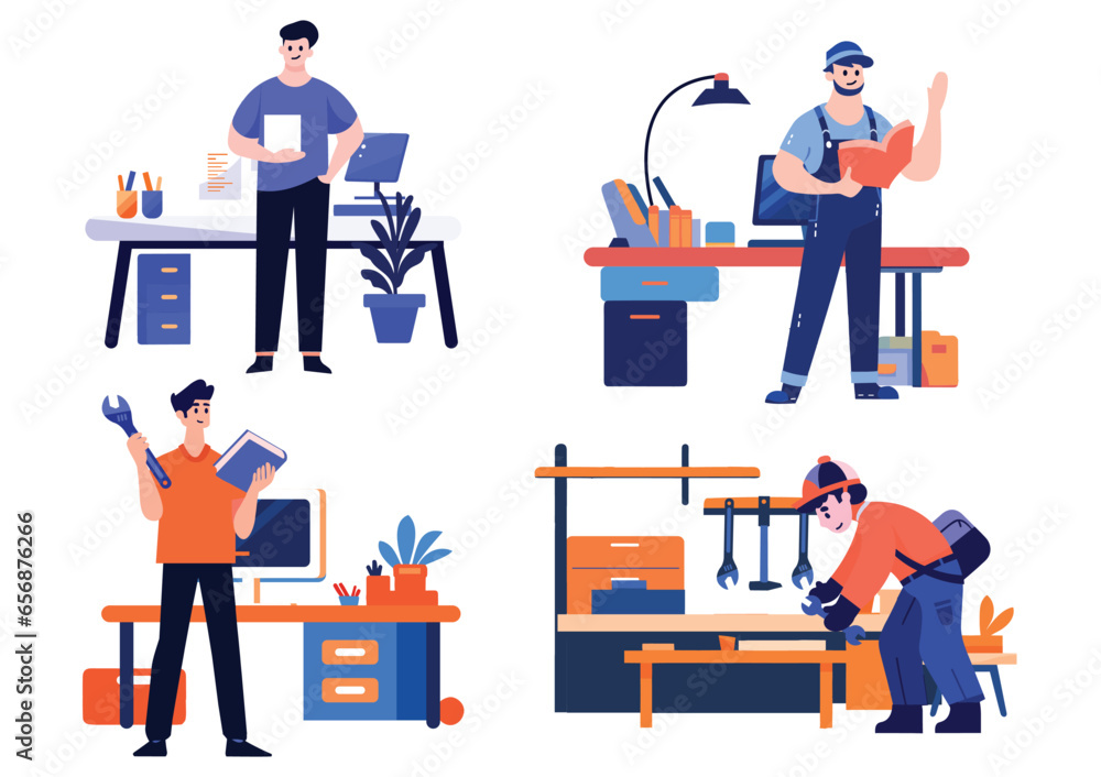 Hand Drawn Engineer or architect in office in flat style Hand Drawn Engineer or architect in office in flat style