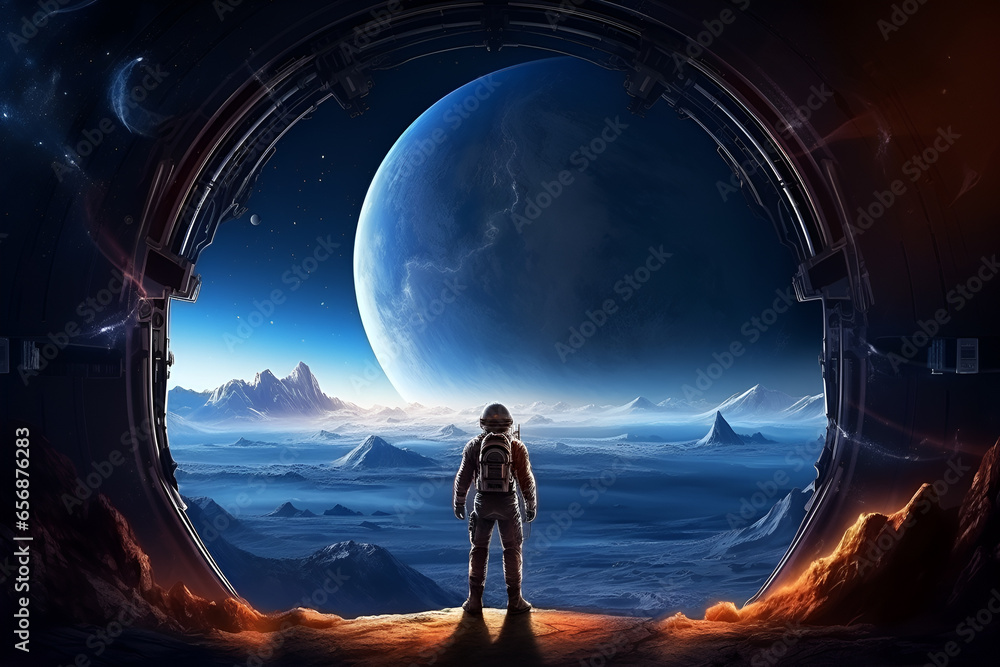An astronaut in the middle of space looks through a porthole at another planet. Generative Ai	