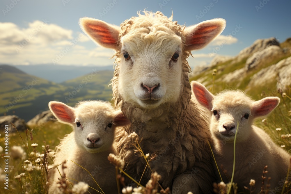 Farmers raise sheep with great joy, in farms, shear sheep to sell in market, farm scene with happy sheep Farmers raise sheep with great joy, in farms, shear sheep to sell in market, farm scene with happy sheep