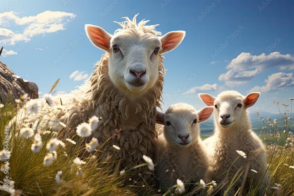 Fototapeta premium Farmers raise sheep with great joy, in farms, shear sheep to sell in market, farm scene with happy sheep