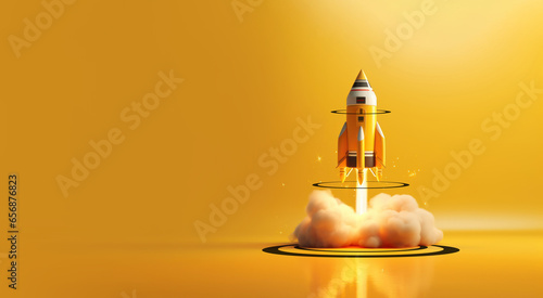 Rocket launching on yellow background, New Project, Start-up, Creativity, Big idea photo